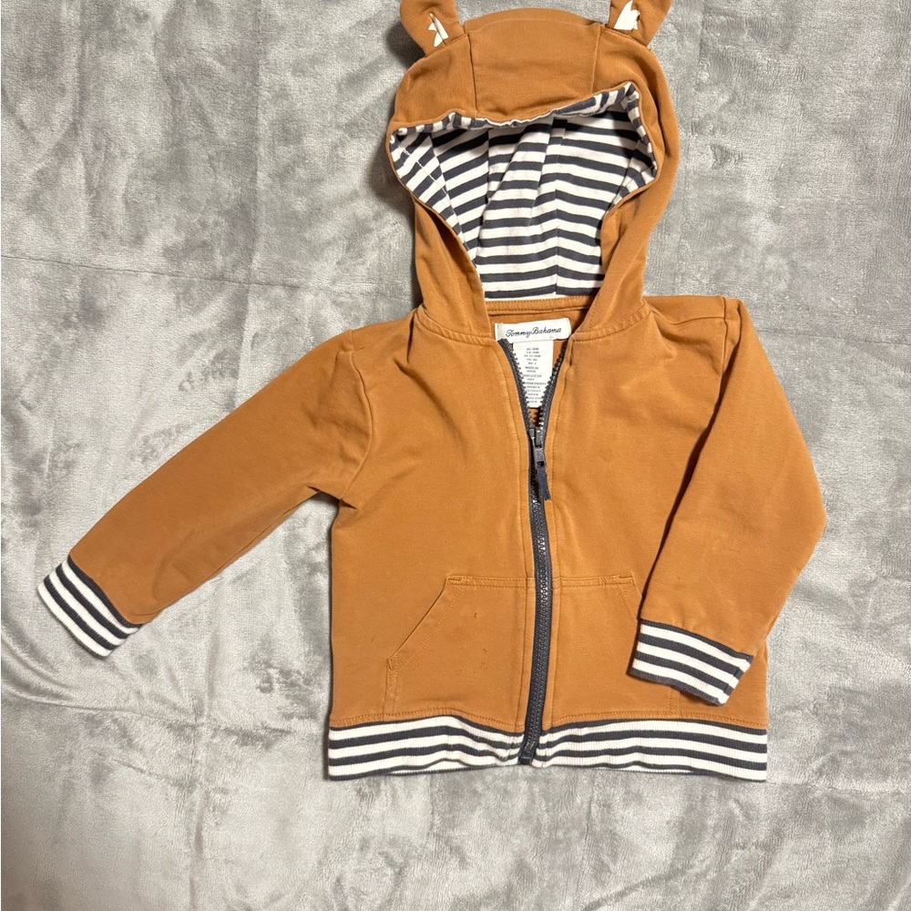 Tommy Bahama Tan baby Hoodie with Striped Lining 12-18 M
